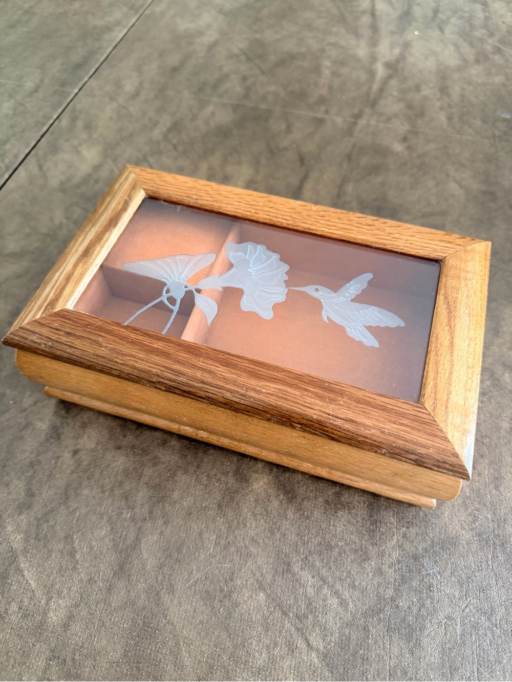 Vintage Wood Box with Etched Hummingbird Glass Lid - Brown